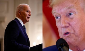 President Joe Biden speaks at the White House in Washington DC on 31 May 2024. Donald Trump speaks at Trump Tower in New York on 31 May 2024.