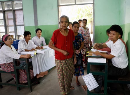 Myanmar voters arrive to cast ballots during the third phase of the general election at a polling station in Yangon, Myanmar, 25 January 2026.