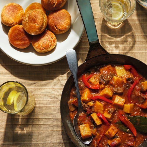 Smoky aubergine rundown and fried dumplings.