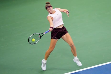 Karolina Muchova bashes out a shot from the baseline.