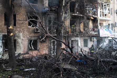 Aftermath of Russian overnight strike on Zaporizhzhia, with blackened and damaged trees and buildings.
