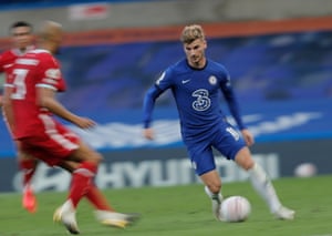 Timo Werner surges forward during Chelsea’s game against Liverpool in September.