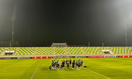 Maccabi Haifa players train at the AEK Arena in Larnaca, Cyprus.