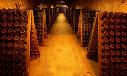 Champagne bottles in the Moet &amp; Chandon cellars, Epernay.