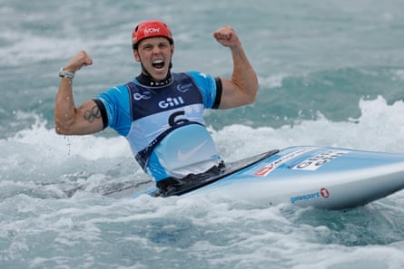 Joe Clarke of Great Britain celebrates winning gold just after the finishing line in the men’s kayak final during day five of the ICF Canoe Slalom World Championships 2023 at the Lee Valley White Water Centre.
