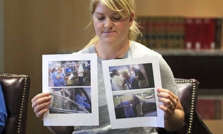 Nurse Alex Wubbels displays video frame grabs from Salt Lake City police department body cameras.