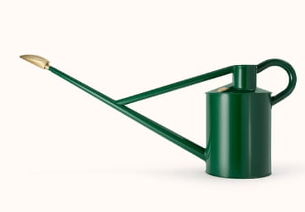 Green watering can with a gold spout