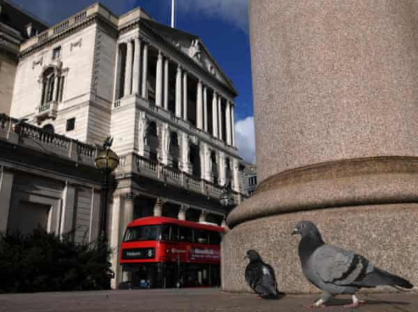 Pigeons are depicted in a general view of the Bank of England in the City of London