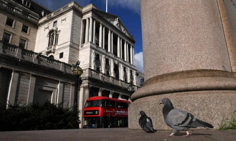Pigeons in a general view of the Bank of England in the City of London