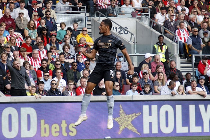 Brentford v Arsenal: Premier League – live | Premier League 6 Saliba celebrates after scoring.