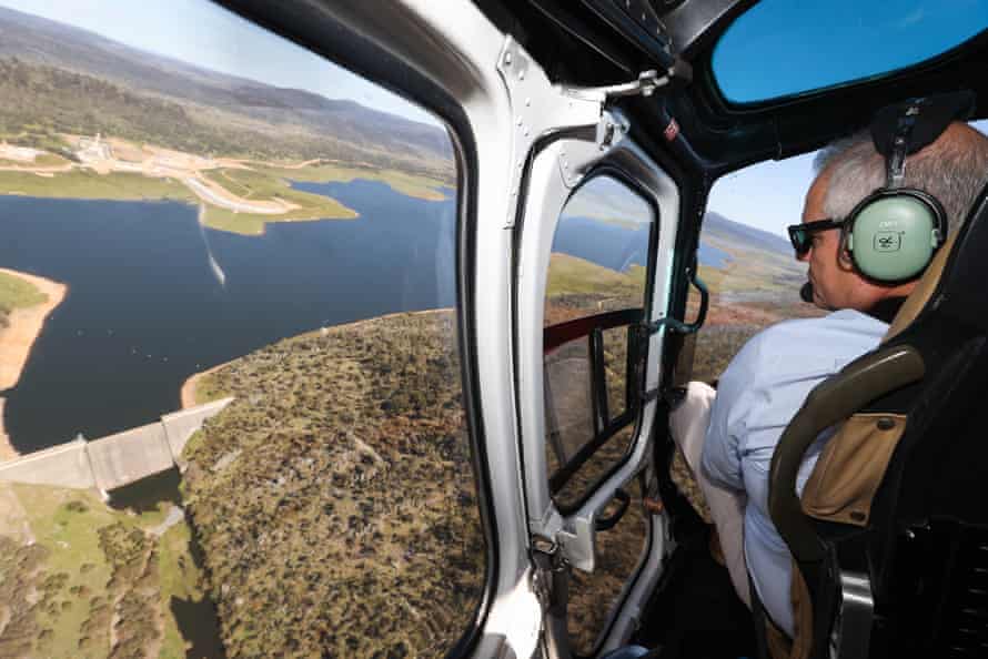 Scott Morrison during an aerial tour of the Snowy Hydro site near Tantangara Dam, NSW on 3 December.