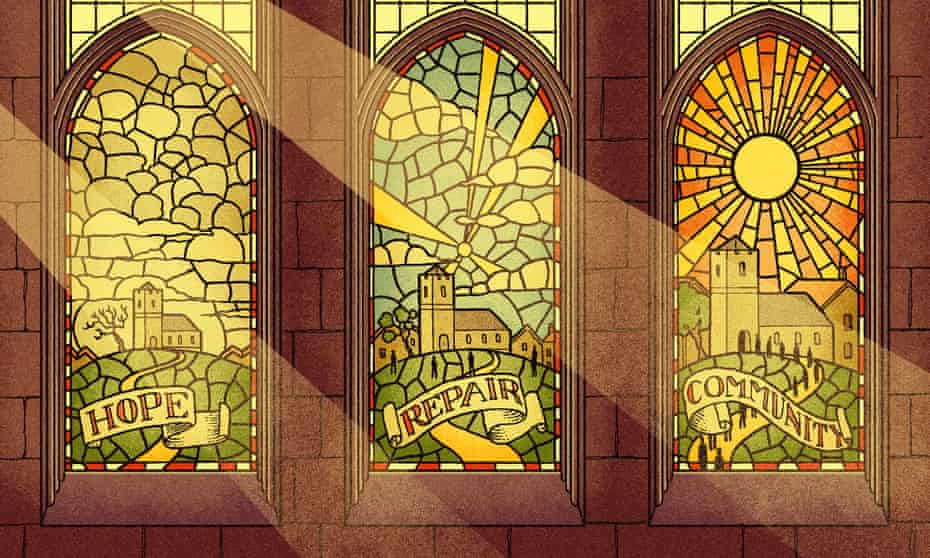 Illustration of church stain glass windows with the message: Hope, Repair, Community.