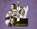 A collage of seven people in black and white overlaid on a purple background, with a Royal Commission on Antisemitism sign.