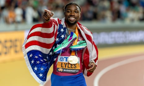 The USA's Noah Lyles celebrates winning the Men's 200m final at the 2023 World Athletics Championships in Budapest.