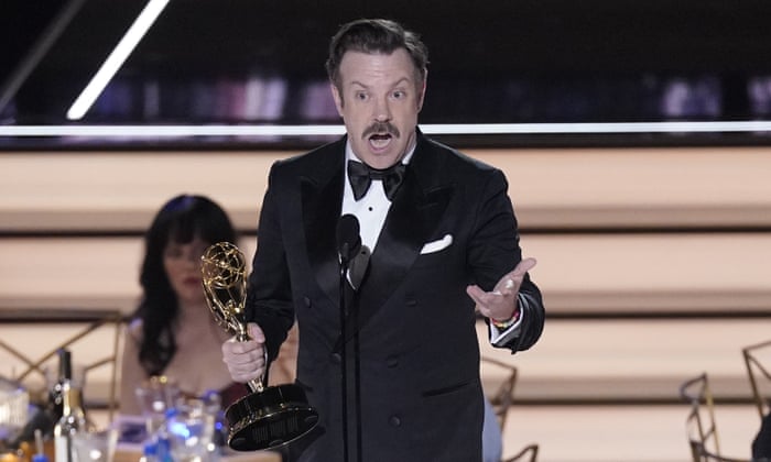 Jason Sudeikis accepts the Emmy for outstanding lead actor in a comedy series for Ted Lasso.