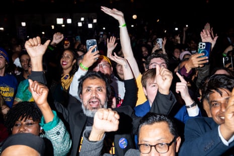 Supporters cheer Mamdani on after his win.