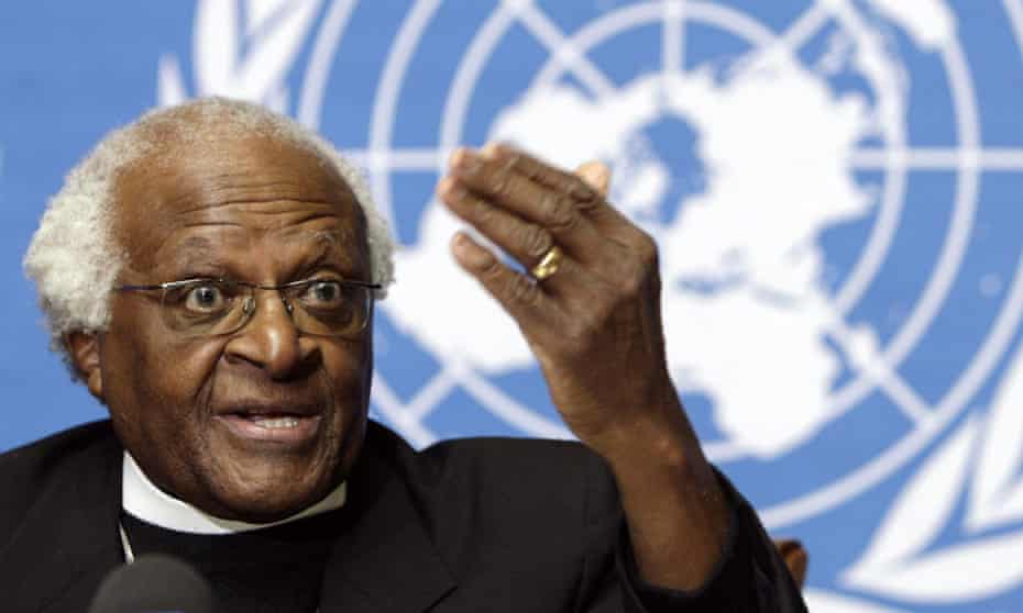 Desmond Tutu at a press conference in Geneva after Israel blocked his UN mission to Beit Hanun in 2006