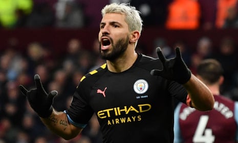 Sergio Agüero celebrates scoring his second of the match to break Thierry Henry’s record as the highest foreign scorer in the Premier League, in Manchester City’s win at Aston Villa.