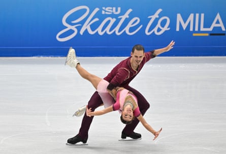 Armenia’s Karina Akopova, front, and Nikita Rakhmanin compete in the pair free skating during September’s ISU Skate to Milano figure skating qualifier in Beijing.