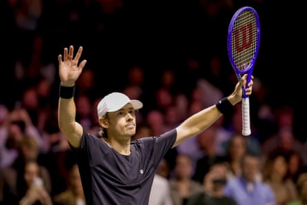 Alex de Minaur celebrates defeating Felix Auger-Aliassime during the singles final of the ABN AMRO tennis tournament