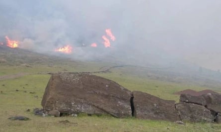 A forest fire has ravaged Rapa Nui National Park on Easter Island, Chile, charring some of its carved stone figures, known as moai.
