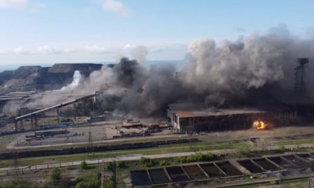 An aerial view shows shelling in the Azovstal steel plant complex in Mariupol.