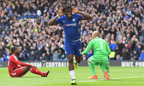 Chelsea’s Michy Batshuayi celebrates scoring their fourth goal.