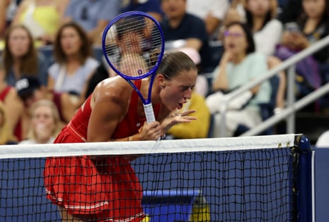 Marta Kostyuk reacts during her second round match against Sloane Stephens.