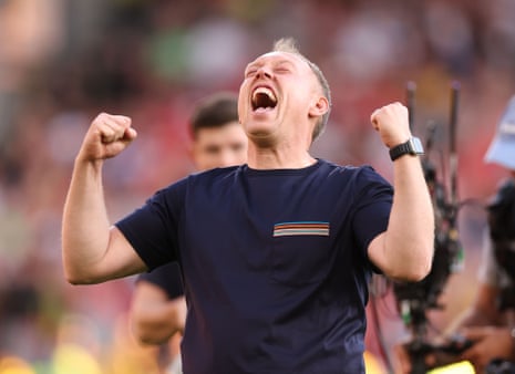 Nottingham Forest manager Steve Cooper celebrates after his team’s victory over Arsenal.