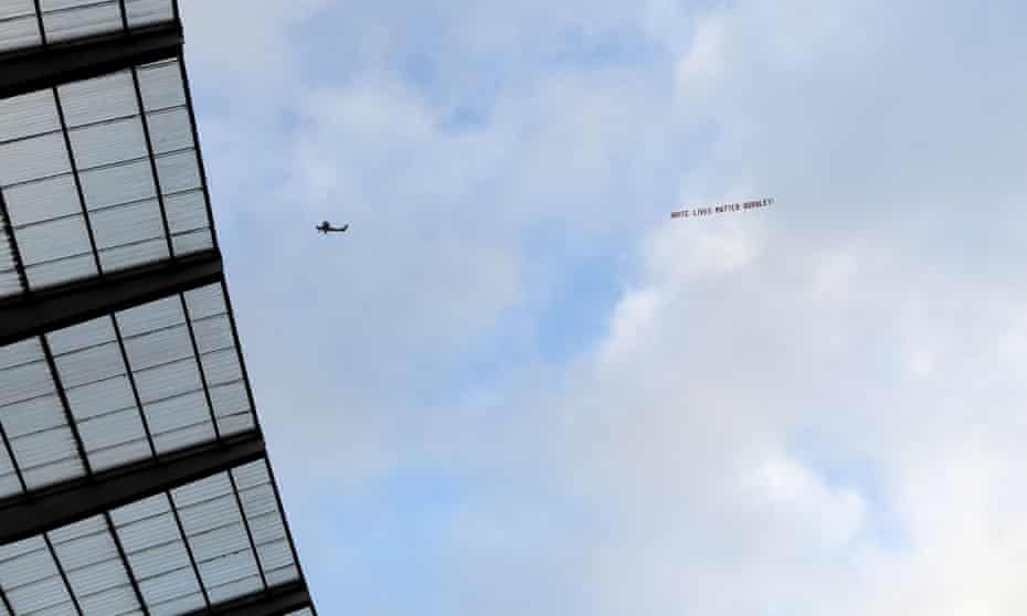 Plane flies over the Etihad Stadium during the Premier League match between Manchester City and Burnley