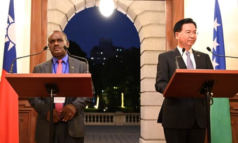 The Solomon Islands’ foreign minister, Jeremiah Manele, with his Taiwanese counterpart, Joseph Wu, on 9 September.