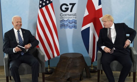 Boris Johnson, right, and the US president, Joe Biden, on stage at a G7 meeting at Carbis Bay, Cornwall.