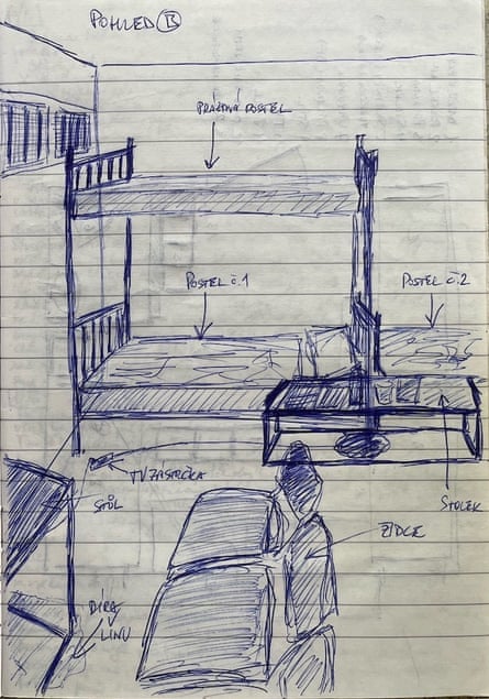 The notebook has a drawing showing the layout of his cell on the opposite page.