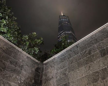 The Freedom Tower photographed from below one of the 9/11 memorial reflecting pool