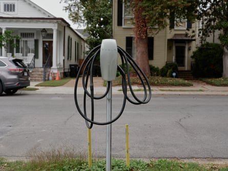 A Tesla charger used to charge Harry Lowenburg’s car outside his home in New Orleans, Louisiana, on 12 November 2023.