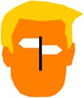 an icon of Donald Trump’s head featuring an arrow sign pointing right and left in the middle of his face