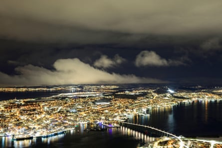 A view at night of Tromsø from the Fjellheisen cable car.