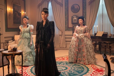 Katie as the formidable Lady Araminta Gao, with (left) Isabella Wei as Posy Li and Michelle Mao as Rosamund Li in Bridgerton
