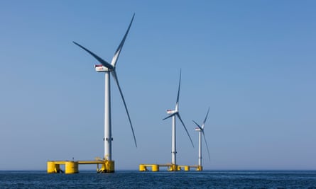 Semi-submersibale floating wind turbines off the coast of Viana do Castelo, Portugal.