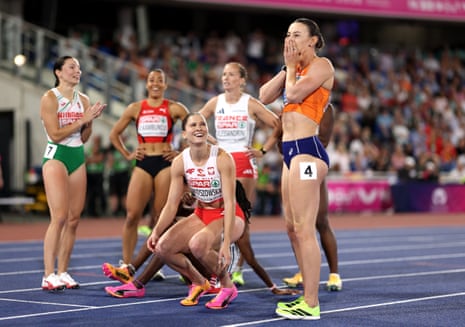 Nadine Visser reacts after winning the gold medal in the women's 100m hurdles final.