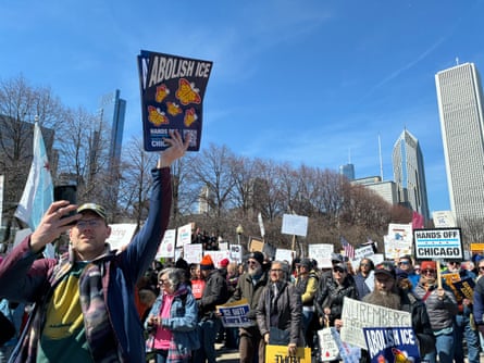 Demonstrators gather at a No Kings protest in Chicago on Saturday.