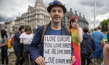 Anti-Brexit protesters gather outside parliament in London.