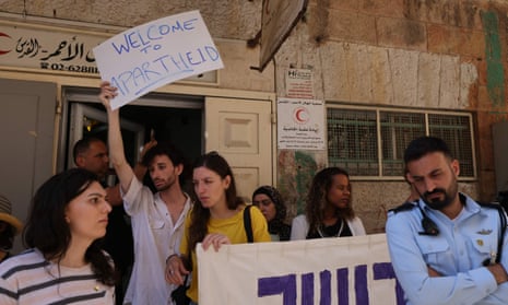 Activists at a rally following the eviction of a Palestinian family from their home to make way for Jewish settlers on 11 July 2023.