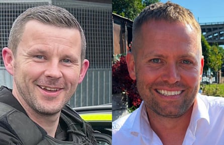 Tom Clough and Matthew Blades. They are both in their late 30s and have short-cropped fair hair. Clough is wearing uniform and Blades a white shirt in these photos. Both are smiling.