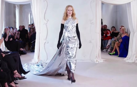 Screen shot from You Tube of Nicole Kidman in the Balenciaga show on July 6 in Paris.