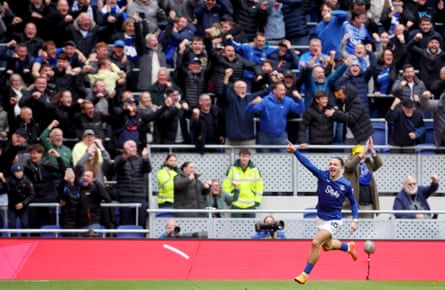 Jack Grealish celebrates his winner for Everton against Crystal Palace.