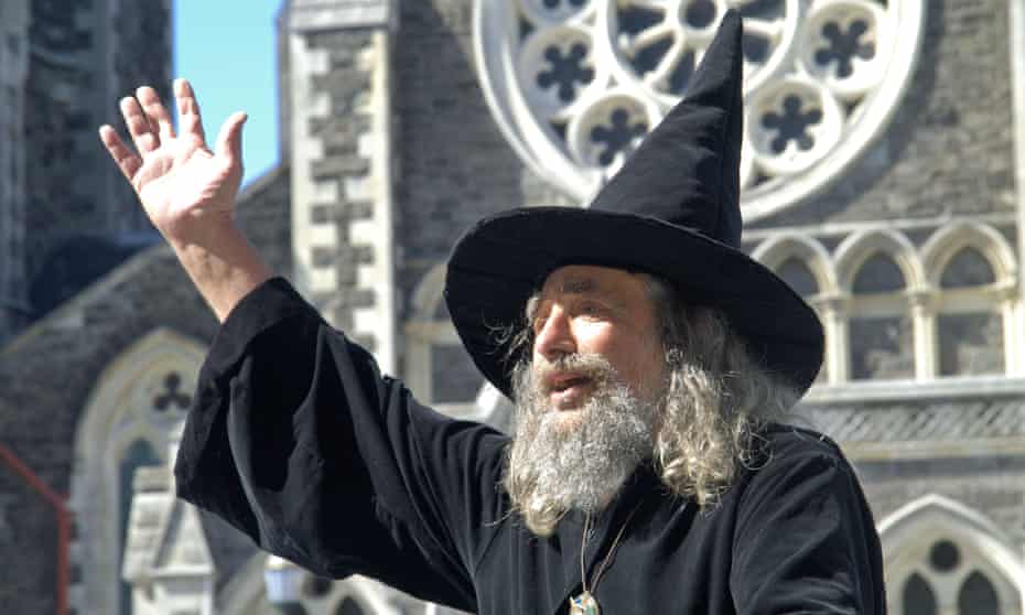 The Wizard, real name Ian Brackenbury Channell in front of Christchurch cathedral, New Zealand.