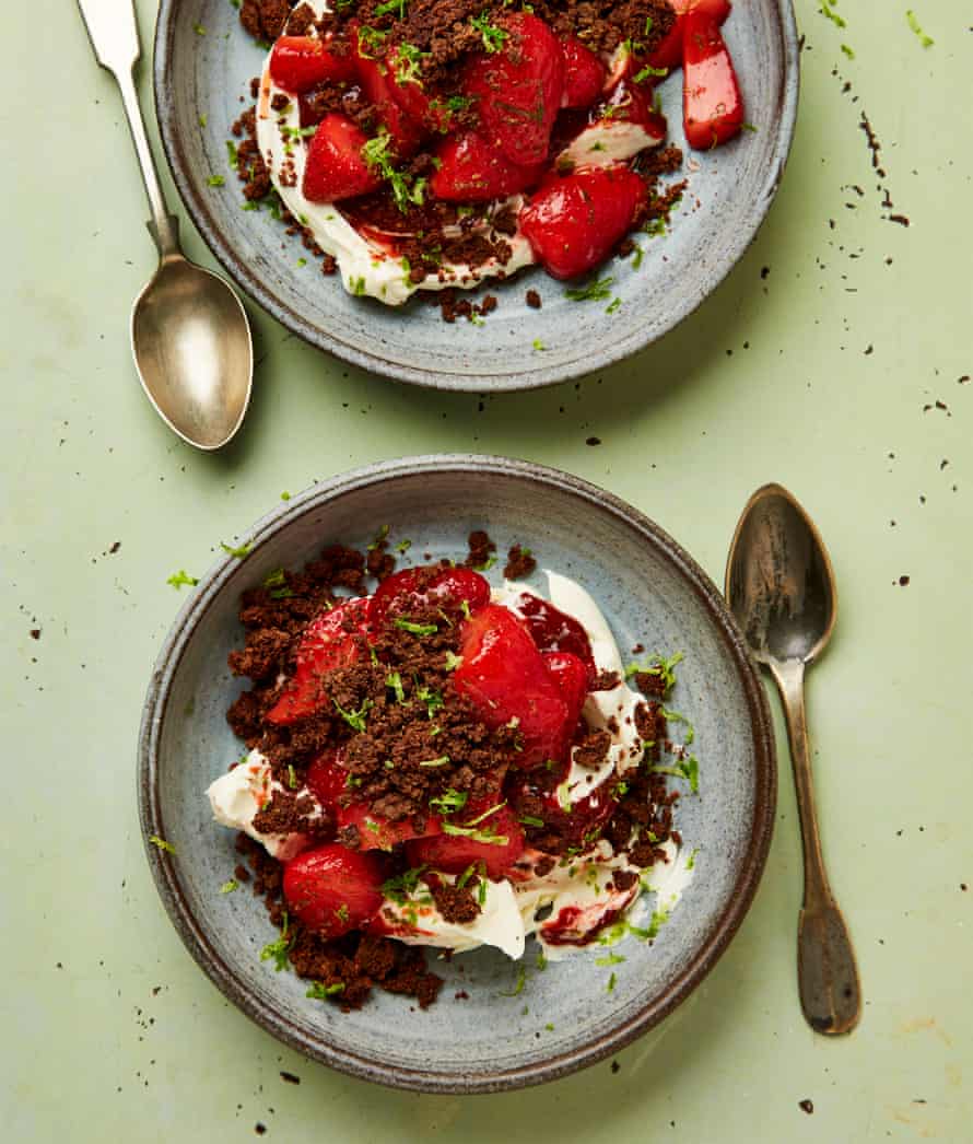 Yotam Ottolenghi’s strawberries and vanilla cream with milk chocolate crumble.