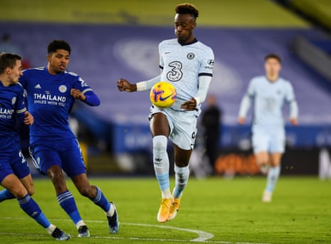 Chelsea’s Tammy Abraham controls the ball on the edge of the Leicester box.