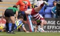 Wigan’s Liam Marshall scores a try in the corner in spectacular fashion against Warrington.